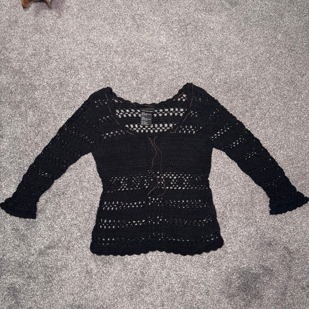 No Boundaries Black Crochet Ramie-Cotton Blend Long Sleeve w/ Tie Front Junior M